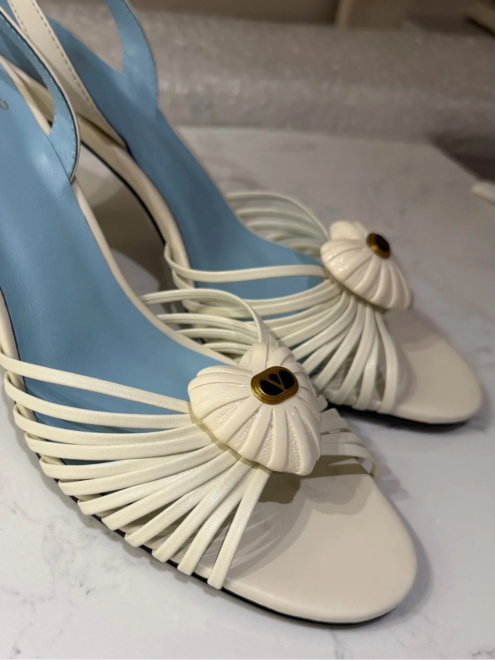 Ivory Strappy Slingback Heels with Heart Detail